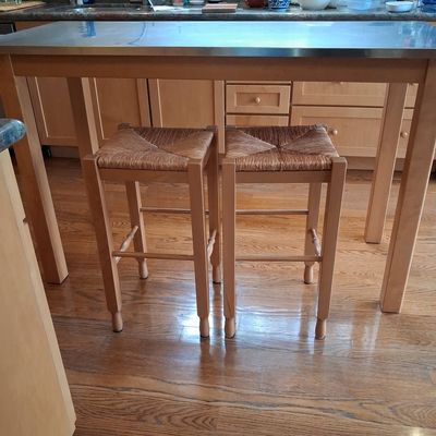 Sale Photo Thumbnail #191: Set of Two Light Wood Bar Stools with Woven Rush Seats