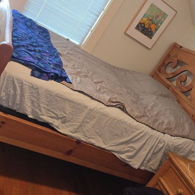 Sale Photo Thumbnail #88: Vintage Knotty Pine Sleigh Bed Frame with Scroll Detail