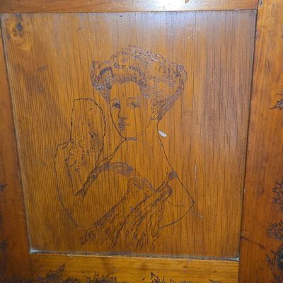Sale Photo Thumbnail #163: Pyrography Decorated Washstand 14"x20"x35"
