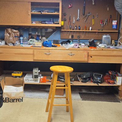 Sale Photo Thumbnail #94: Heavy-Duty Wooden Workbench with Pegboard and Cabinet
