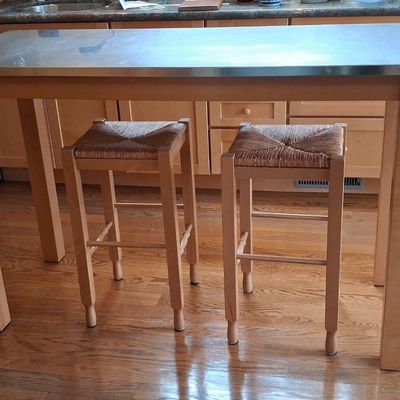 Sale Photo Thumbnail #71: Pottery Barn Stainless Steel Top Kitchen Island with Two Stools