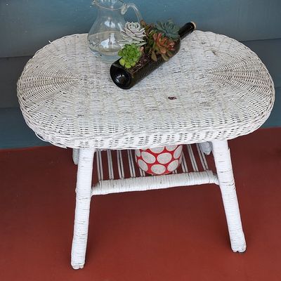 Sale Photo Thumbnail #186: Vintage White Wicker Patio Bistro Set with Blue Ombre Cushions