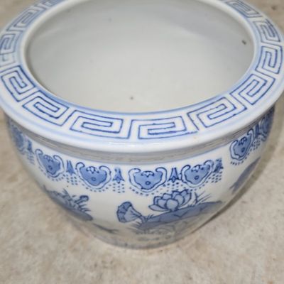 Chinese Blue and White Porcelain Fishbowl Planter with Greek Key Rim