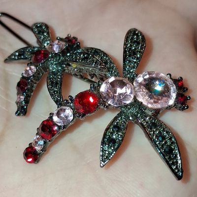 Dragonfly Hair Clip with Red and Pink Rhinestones