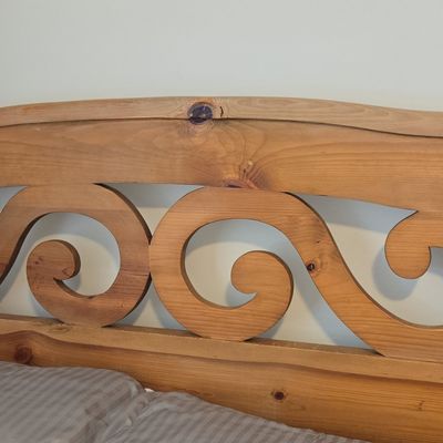 Sale Photo Thumbnail #89: Vintage Knotty Pine Sleigh Bed Frame with Scroll Detail