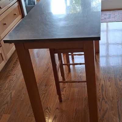 Sale Photo Thumbnail #72: Pottery Barn Stainless Steel Top Kitchen Island with Two Stools