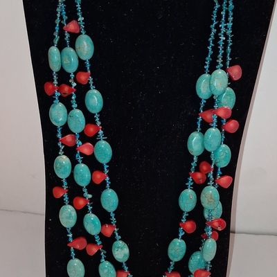 Sale Photo Thumbnail #211: Multi-Strand Turquoise and Red Coral Necklace with Sterling Silver Cones