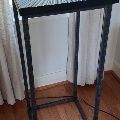 Sale Photo Thumbnail #198: Modernist Metal Pedestal Plant Stand with Sunburst Fluted Mirrored Top 35" high 15" wide 15" deep