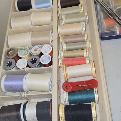 Vintage Sewing Thread Assortment with Organizer Tray and Dritz Sewing Gauge