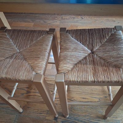 Sale Photo Thumbnail #192: Set of Two Light Wood Bar Stools with Woven Rush Seats
