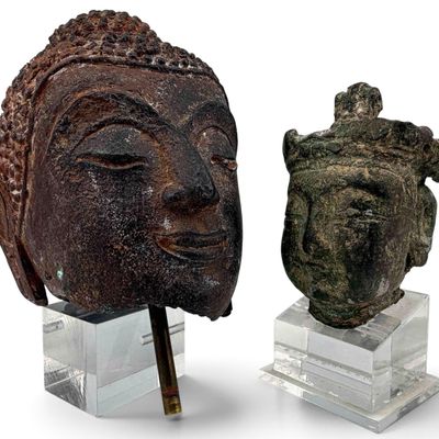 Two Asian Bronze & Iron Buddha Heads