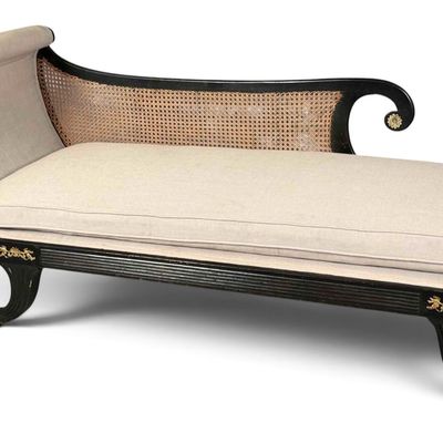 Regency-Style Ebonized And Caned Chaise With Brass Mounts