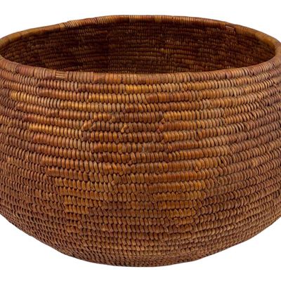 Kumeyaay Coiled Acorn Storage Basket With Bird Motif