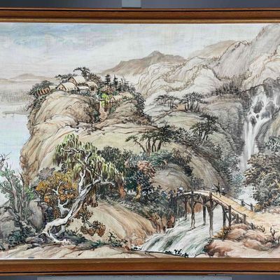 Yue Tin Mui (Chinese, 1892-1985), Landscape With Waterfall, Acrylic On Canvas