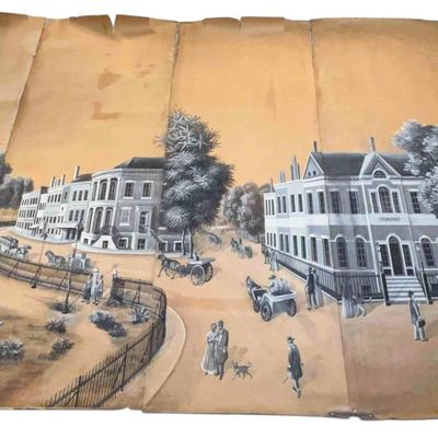 Large Hand-Painted Scenic Wallpaper Mural Depicting Lower Broadway, New York, 19th-Early 20th C.