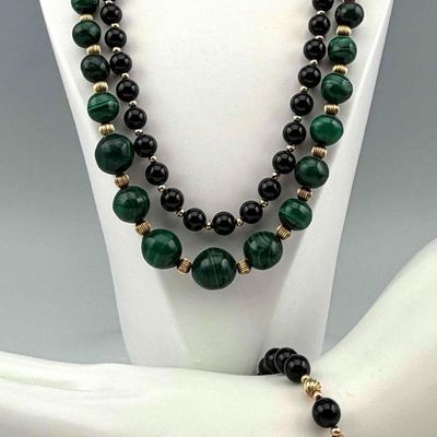 Group of Malachite, Black Onyx and 14K Gold Bead Jewelry