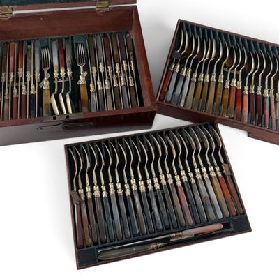 George IV Sterling Silver Agate Dessert Set, 74 Pieces