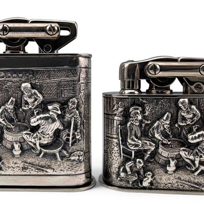 Two Continental Silver Plate Figural Table Lighters, Tavern Scene
