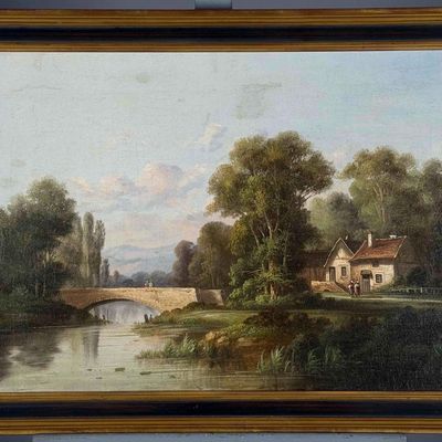 Continental School River Landscape With Stone Bridge and Cottage, 19th Century, Oil on Canvas