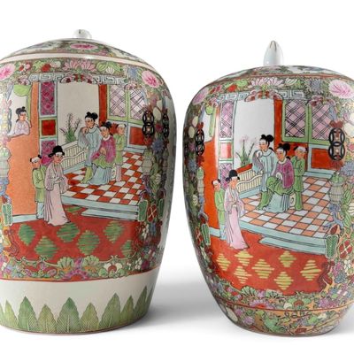 Near Pair Chinese Rose Medallion Porcelain Ginger Jars
