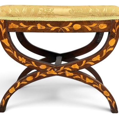 Antique Dutch Tulip Marquetry Curule Stool