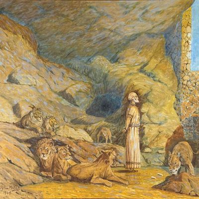 Courtney Luther Miles (American, 1887-1975), Daniel In The Lions Den, Oil On Canvas