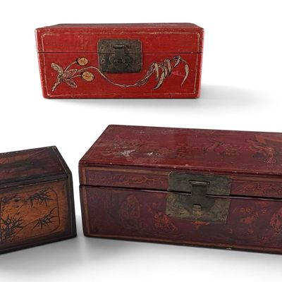 Three Chinese Red Lacquer Storage Boxes With Figural & Floral Decoration