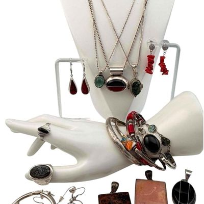 Sterling Silver Jewelry Grouping, Many Vintage Mexican Pieces