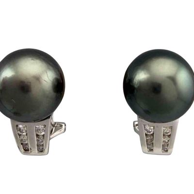 14K White Gold Diamond Pearl Earrings