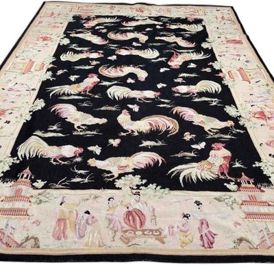 Chinoiserie Needlepoint Rug, Rooster & Grasshopper Motif