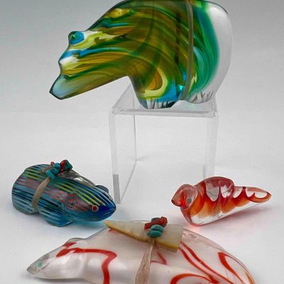 Four Zuni Art Glass Bear & Bird Fetishes