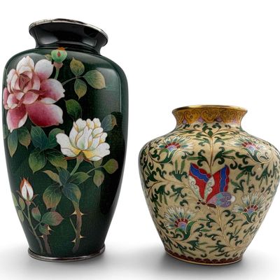 Two Japanese Cloisonne Enamel Vases, One With Silver Rim