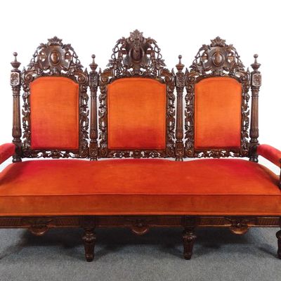 Late 19th C Renaissance Revival Deer Hunt Hall Sofa