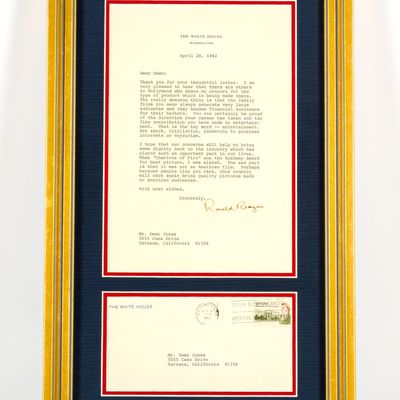 Framed Letter from Ronald Regan to Dean Jones