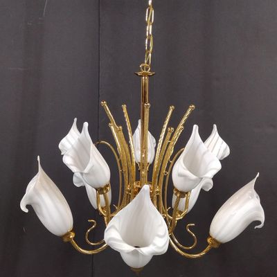 Regency Style Brass and Art Glass Calla Lilies Chandelier