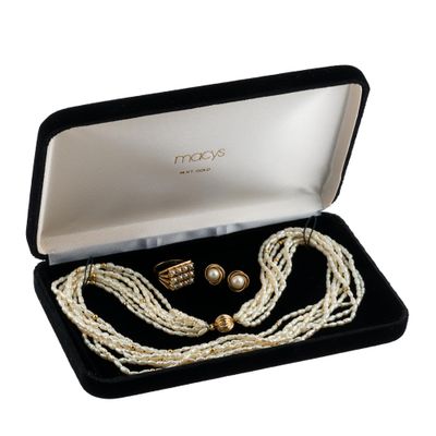 14K Gold and Pearl Necklace, Ring, and Earrings