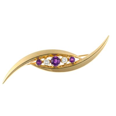14K Gold, Amethyst, and Diamond Brooch