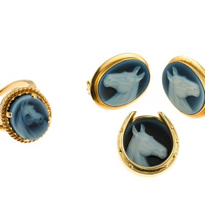 14K Gold and Blue Agate Cameo Equestrian Jewelry Set