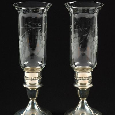 Sale Photo Thumbnail #426: Gorham Silver Mounted Hurricane Candlestick Lamps