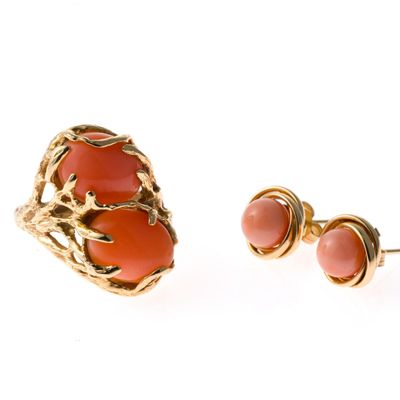 14K Gold and Coral Ring and Earrings