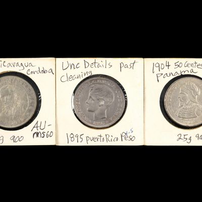 Sale Photo Thumbnail #161: Silver Coins Panama Nicaragua And 1895 Puerto Rico Peso