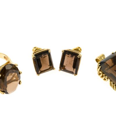 14K Gold and Smoky Quartz Pendant, Earrings, and Ring