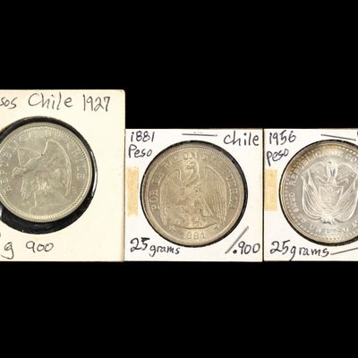 Sale Photo Thumbnail #159: Three Silver Coins Columbia And 1881 Chile Peso