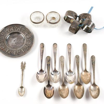 Sale Photo Thumbnail #429: Sterling Silver and Glass Salt Cellars, and Silverplate