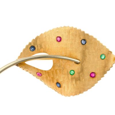 14K Gold and Gemstone Leaf Brooch