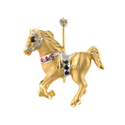 14K Gold and Gemstone Carousel Horse Brooch