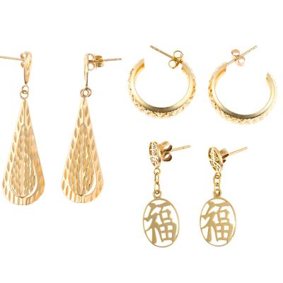 3 Pairs of 14K Gold Earrings