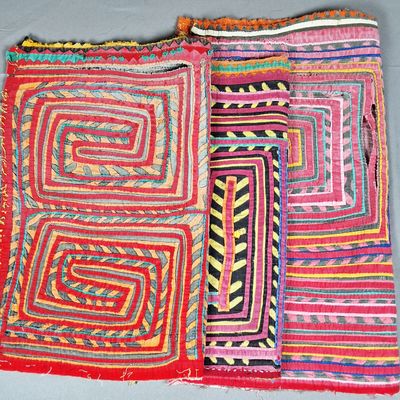 Sale Photo Thumbnail #225: Group of 3 Guna Mola Panels Geometric Labyrinth with Striped Fills