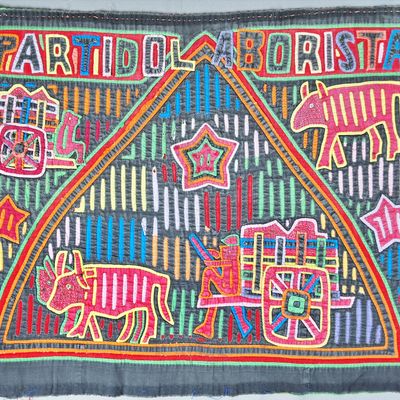 Sale Photo Thumbnail #82: Guna Mola Panel Political Mola Panel with Ox Cart and Driver