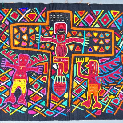 Sale Photo Thumbnail #57: Guna Mola Panel Syncretic Crucifixion with Flanking Spirit Figures